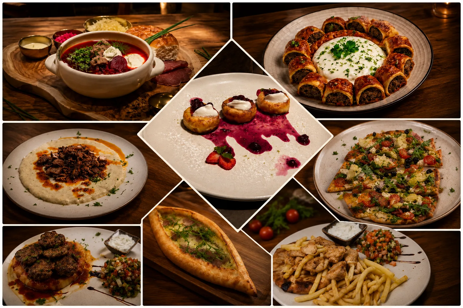 Signature SkaZka Bali dishes — borscht, khinkali with cheese sauce, syrniki with berries, hummus with beef, pide, kebabs, pizza and grilled chicken