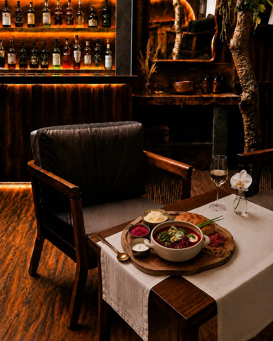 SkaZka Bali interior — warm lit bar with hand-crafted wooden lounge